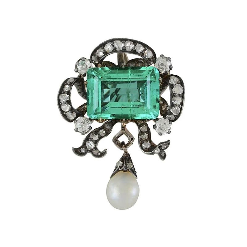 Antique Victorian Colombian Emerald Pearl Old Mine Diamond Pendant