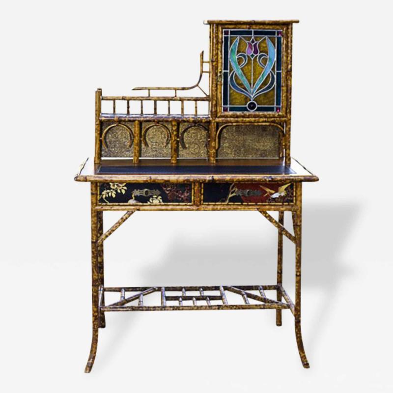 Antique Victorian Scorched Writing Desk with Stain Glass Door English 1880s