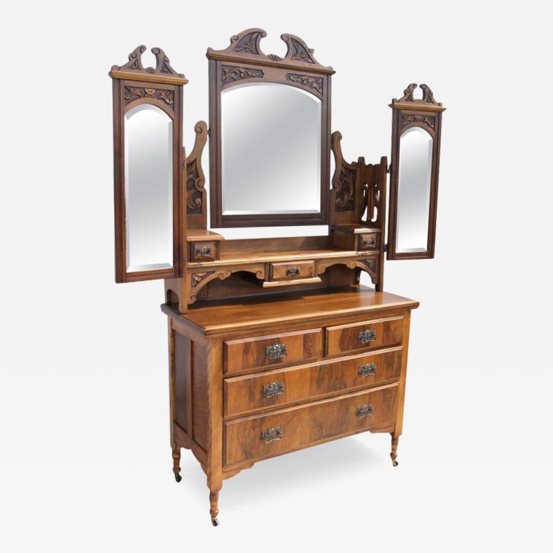 Antique Victorian Walnut Mirrored Vanity Dresser
