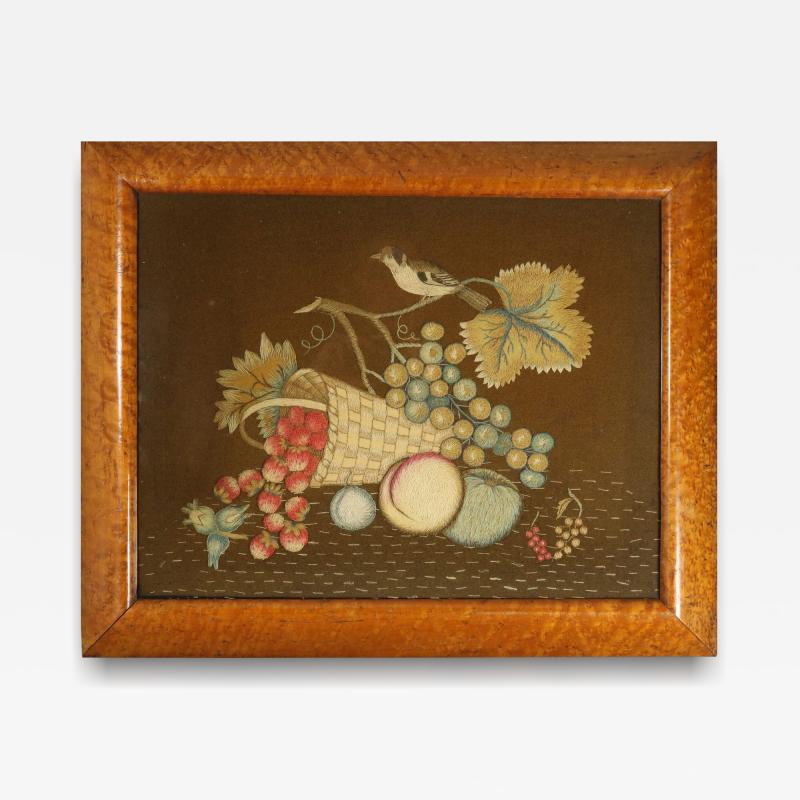 Antique Woolwork Embroidery with Fruit Basket and Bird