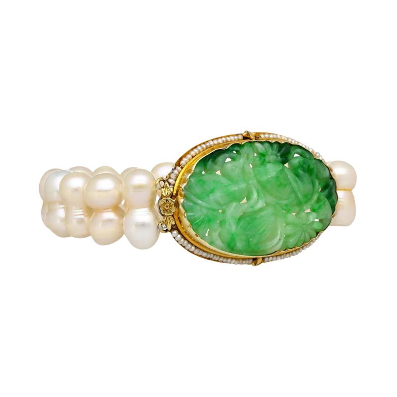 Antique Yellow Gold with Carved Jade and Pearl Pin Bracelet