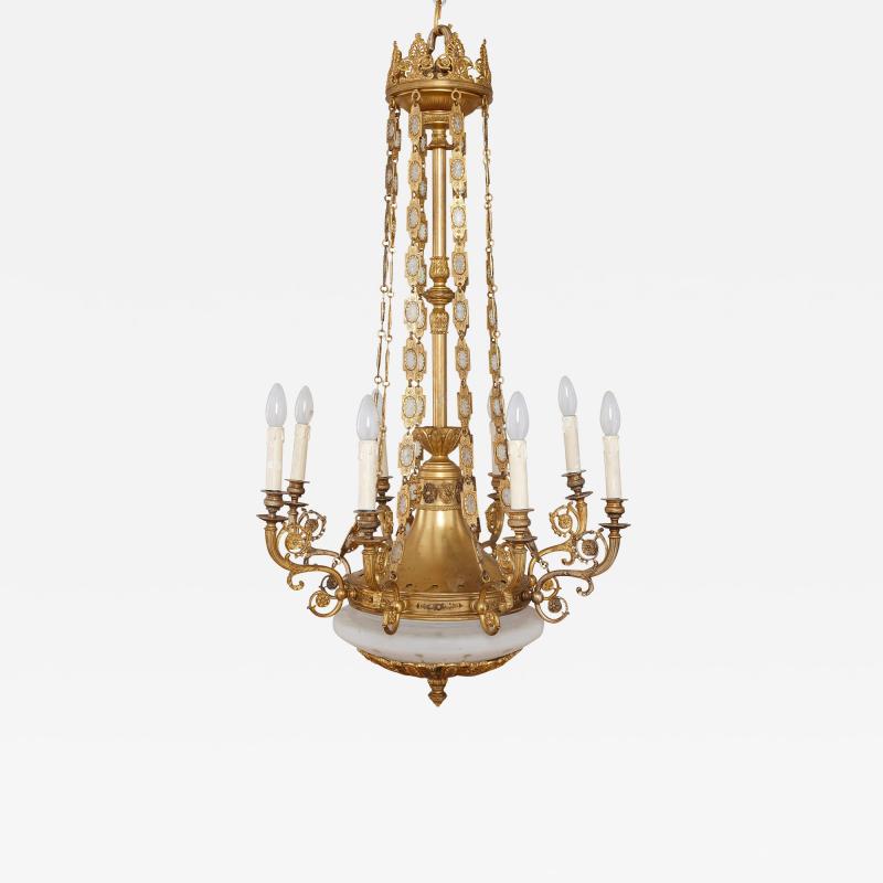 Antique gilt bronze and opaline glass chandelier