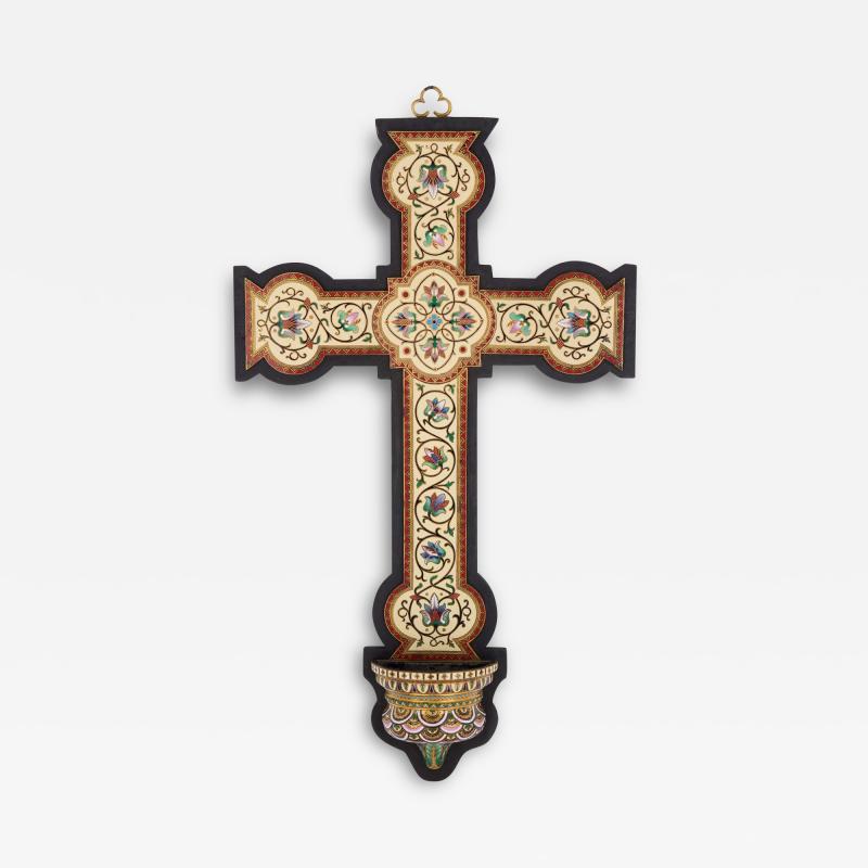 Antique large cloisonn enamel wall crucifix with font