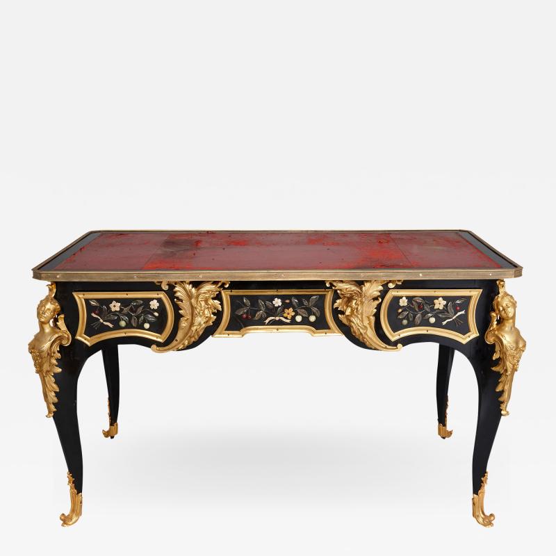 Antique mid 19th century ebonised wood gilt bronze and pietra dura desk