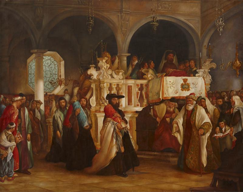 Antique oil painting of Torah Procession after Solomon Alexander Hart