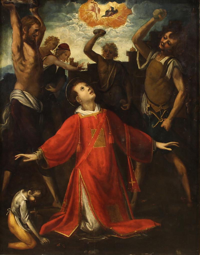 Antique painting on panel from the 17th century The Martyrdom of Saint Stephen