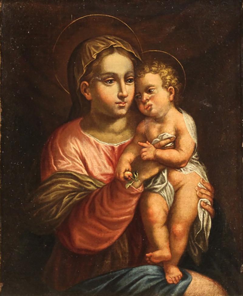 Antique religious painting Virgin with child from 17th century