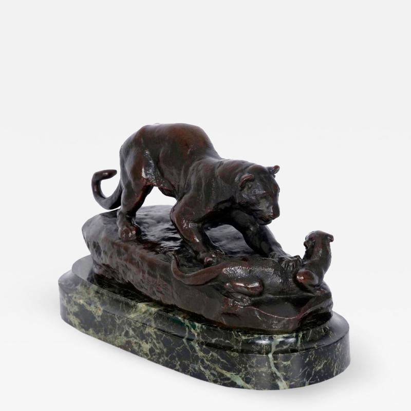 Antoine Louis Barye Panther Attacking a Civet French Antique Bronze Sculpture by Antoine L Barye
