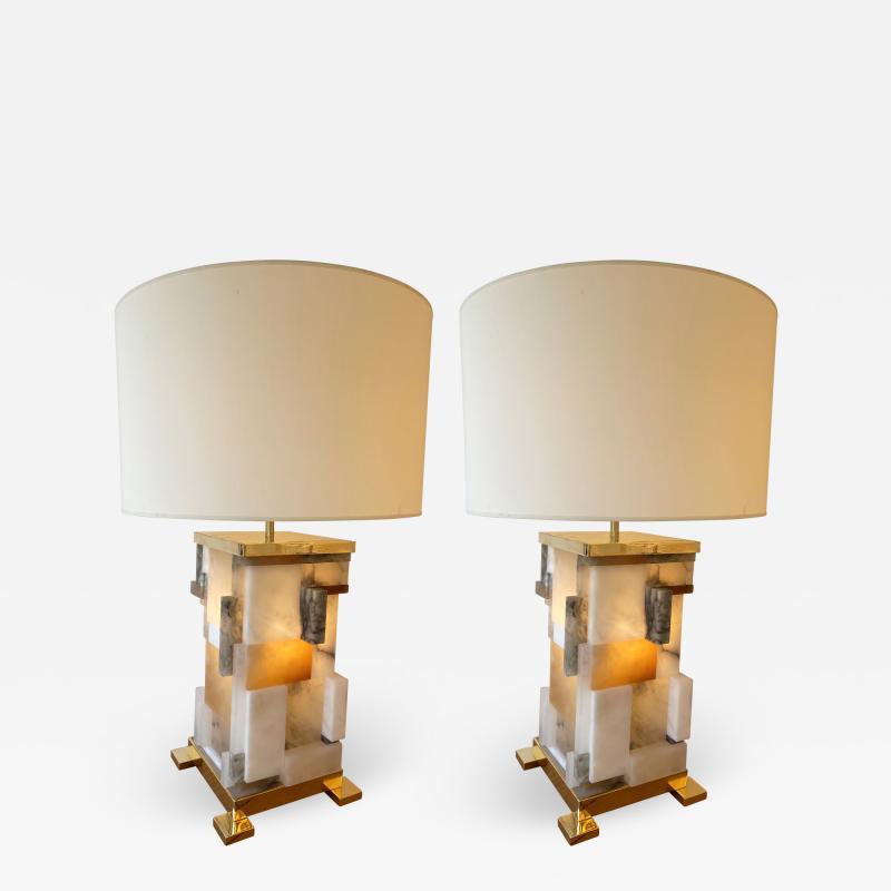 Antonio Cagianelli Contemporary Pair of Alabaster Gilt Metal Cubismi Lamps by Cagianelli Italy