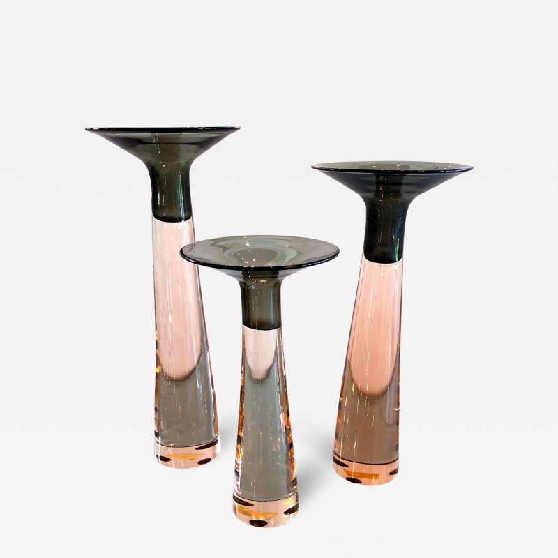 Antonio Da Ros Set of 3 Antonio Da Ros for Cenedese Pink and Smoked Glass Candleholders