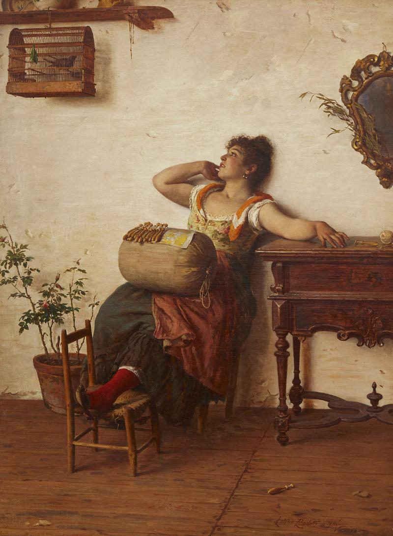 Antonio Ermolao Paoletti Italian oil on canvas painting of a lacemaker by Paoletti