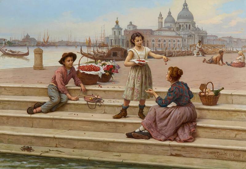 Antonio Ermolao Paoletti Large antique Italian figurative oil painting of Venice by Paoletti