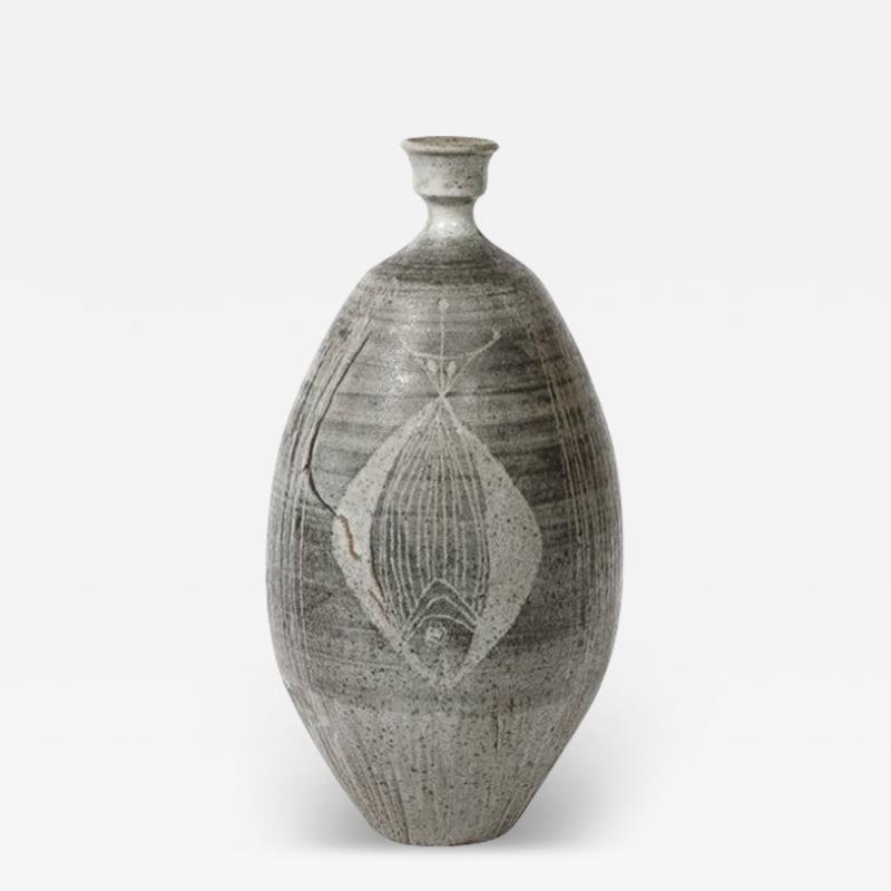Antonio Prieto Mid Century Graphite Glazed Ceramic Vase W Fish Motif signed Antonio Prieto
