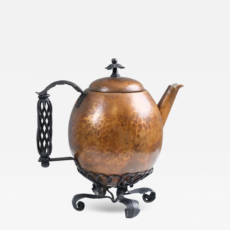 Antti Hakkarainen Arts Crafts Wrought Iron and Copper Tea Pot Antti Hakkarainen Finland 1940s