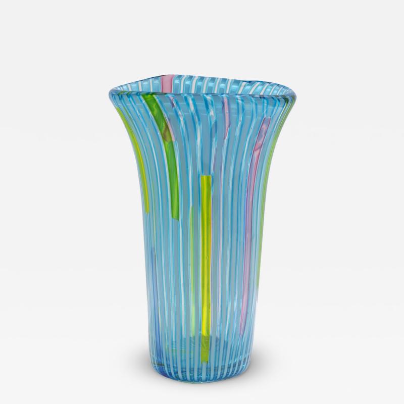 Anzolo Fuga Anzolo Fuga Hand Blown Glass Vase with Blue Vertical Rods 1955 56