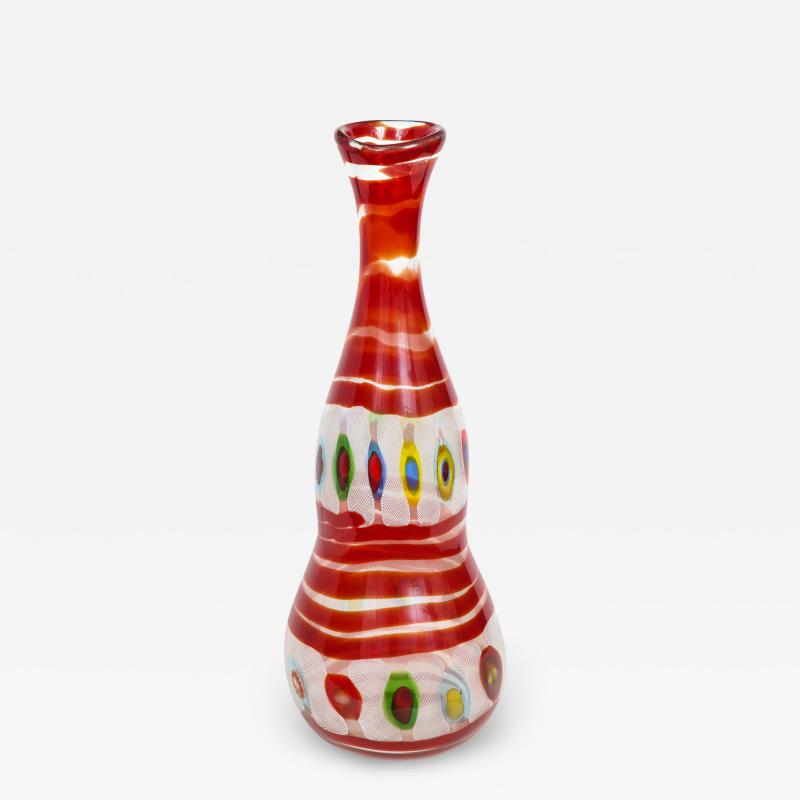 Anzolo Fuga Anzolo Fuga Large Bottle with Red Spiral and Colorful Murrines 1950s