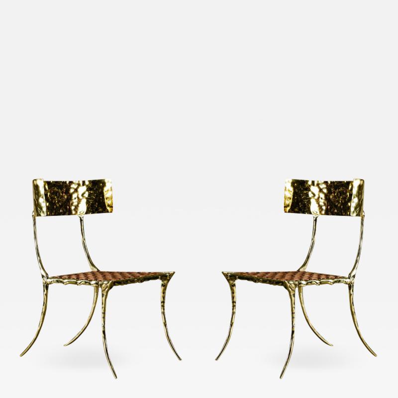 Aqua Klismos Brass Chairs