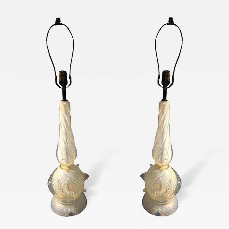Archimede Seguso Elegant Pair of Seguso Swirled Opal and Gold Dotted Murano Lamps