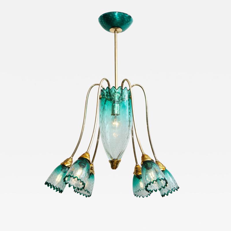 Archimede Seguso Italian Murano Teal Blue Glass Chandelier Attributed to Seguso