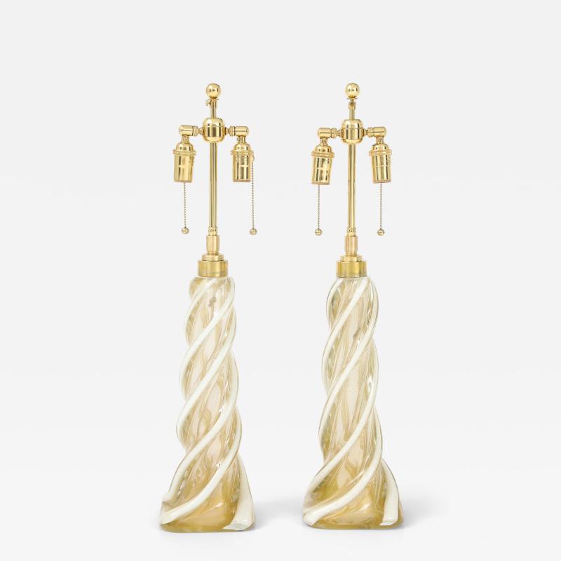 Archimede Seguso Pair of Large Gold Murano Ribbon Twist Lamps by Seguso