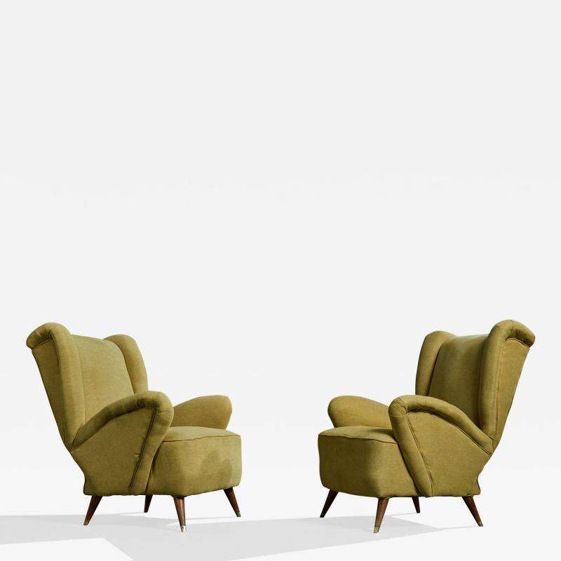 Argentine Designer Lounge Chairs with Fabric Wood and Brass Argentina 1950s