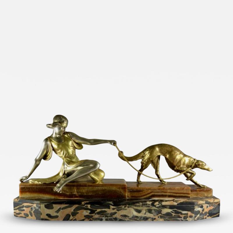 Armand Godard Lady with Borzoi Bronze Sculpture by Ac Art Deco Collection