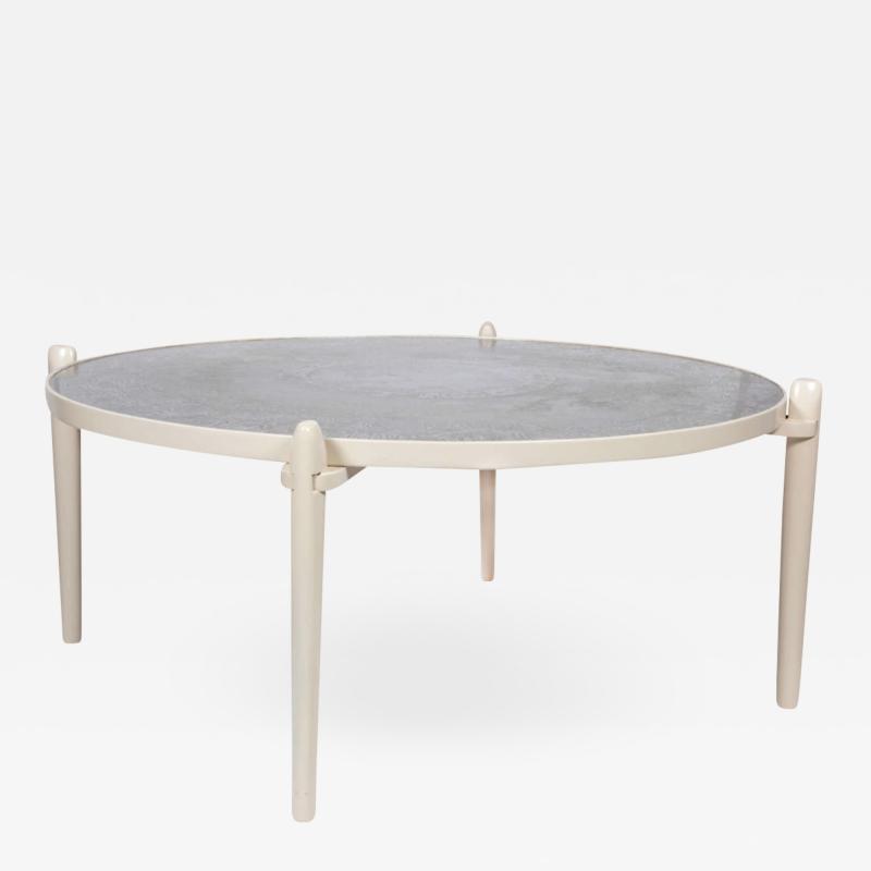 Armand Jonckers Circular coffee table etched aluminum white feet in wood 