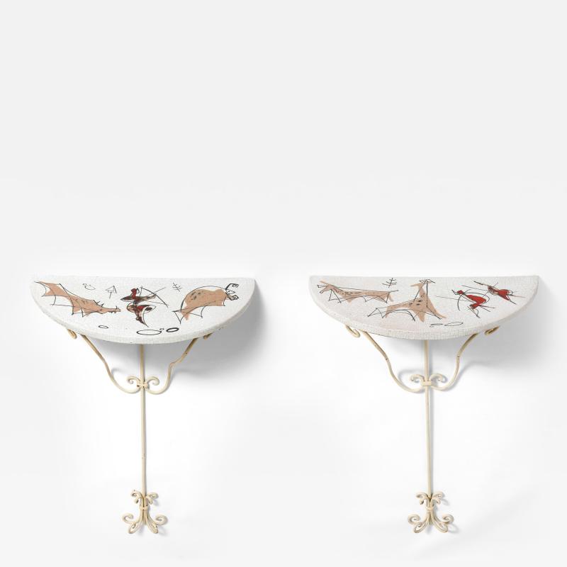 Arnaldo Miniati Pair of Ceramic and Iron Demi Lune Wall Consoles Italy 1959