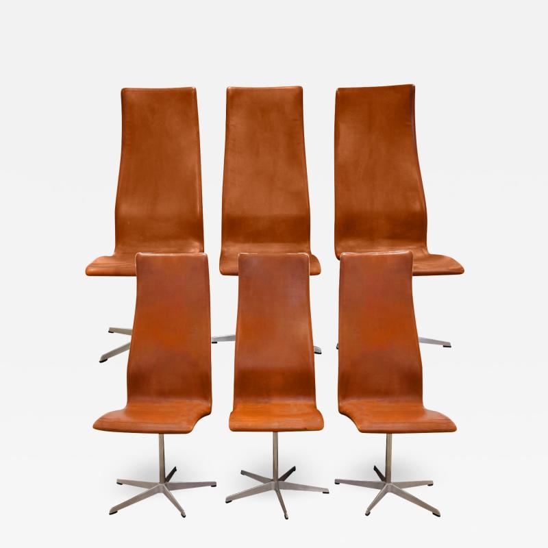 Arne Jacobsen Arne Jacobson Set of 6 High Back Dining Chairs in Camel Leather 1960s Signed 