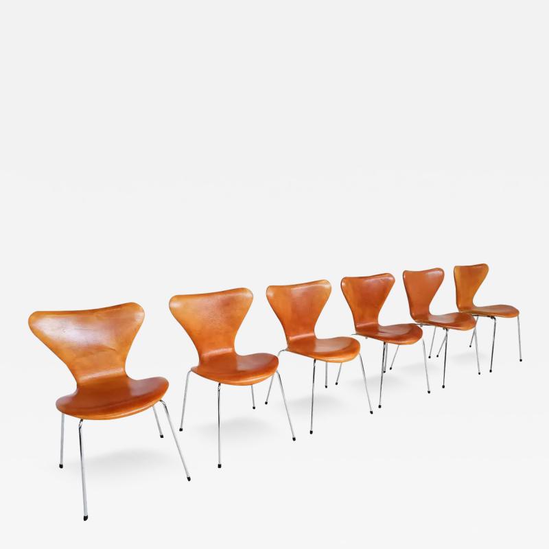 Arne Jacobsen Set of 6 Cognac Leather Dining Chairs by Arne Jacobsen