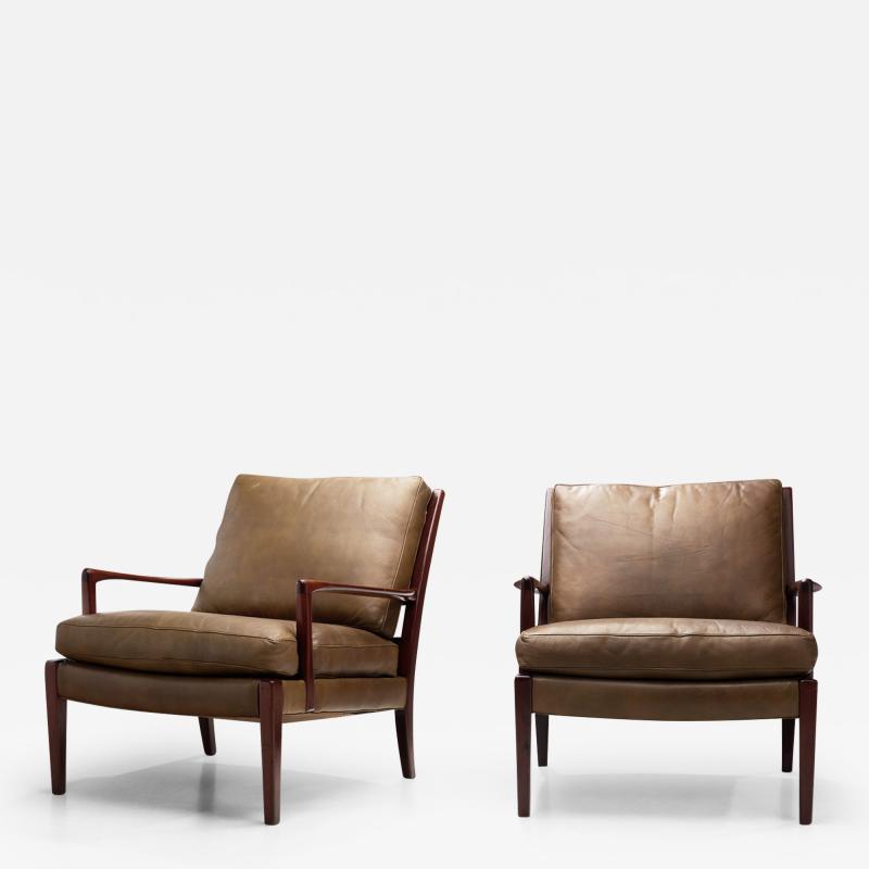 Arne Norell Arne Norell L ven Easy Chairs with Loose Leather Cushions Sweden 1960s
