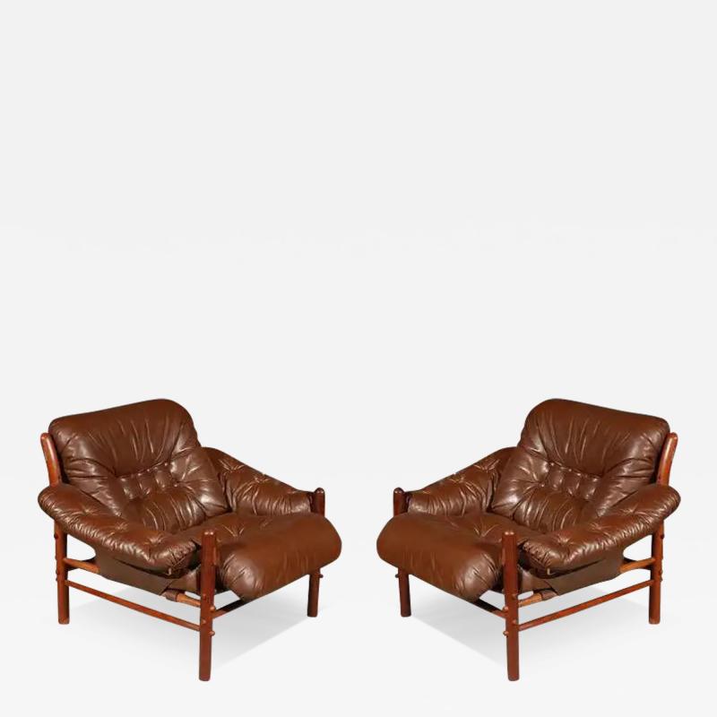 Arne Norell Pair of Brown Tufted Leather Chairs by Arne Norell