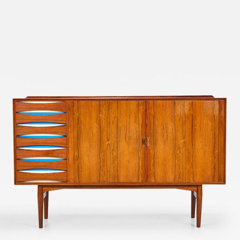 Arne Vodder Arne Vodder Rosewood Credenza with Blue White Drawers Denmark 1960