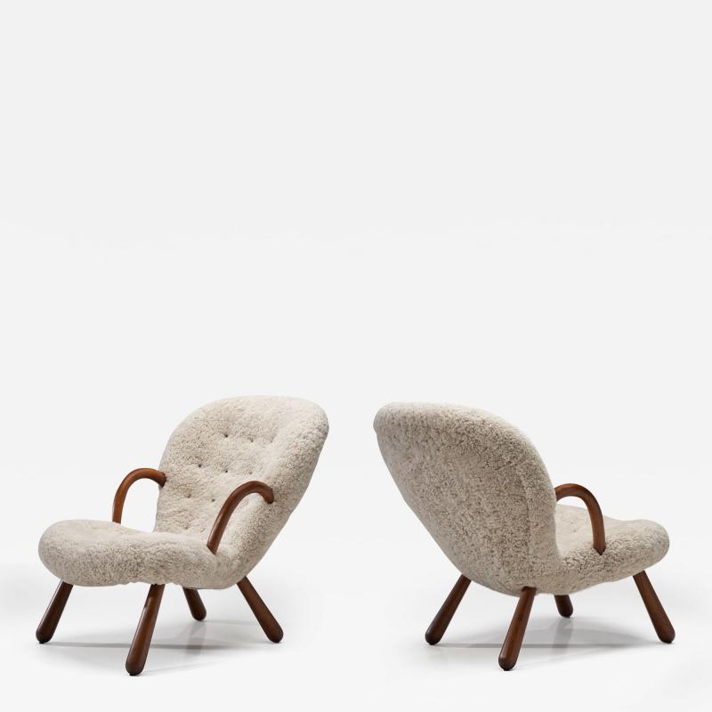 Arnold Madsen Clam Chairs in Sheepskin by Arnold Madsen for Madsen Schubell Denmark 1944