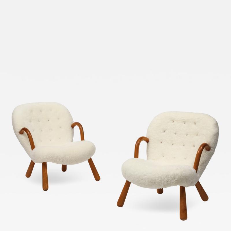 Arnold Madsen Rare Pair of Clam Chairs in Ivory Sheepskin by Arnold Madsen