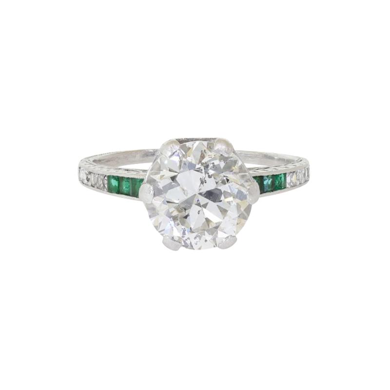 Art Deco 2 5 Carat Old Euro Cut Diamond Emerald Engagement Ring in Platinum