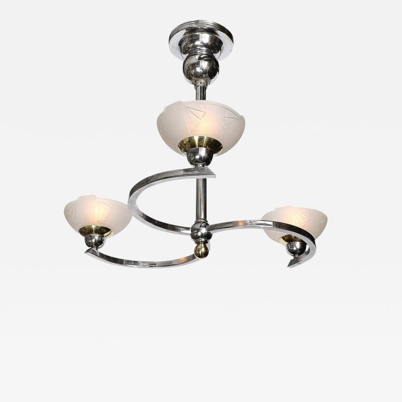 Art Deco 3 Arm Streamlined Spiraled Chandelier in Chrome Frosted Relief Glass