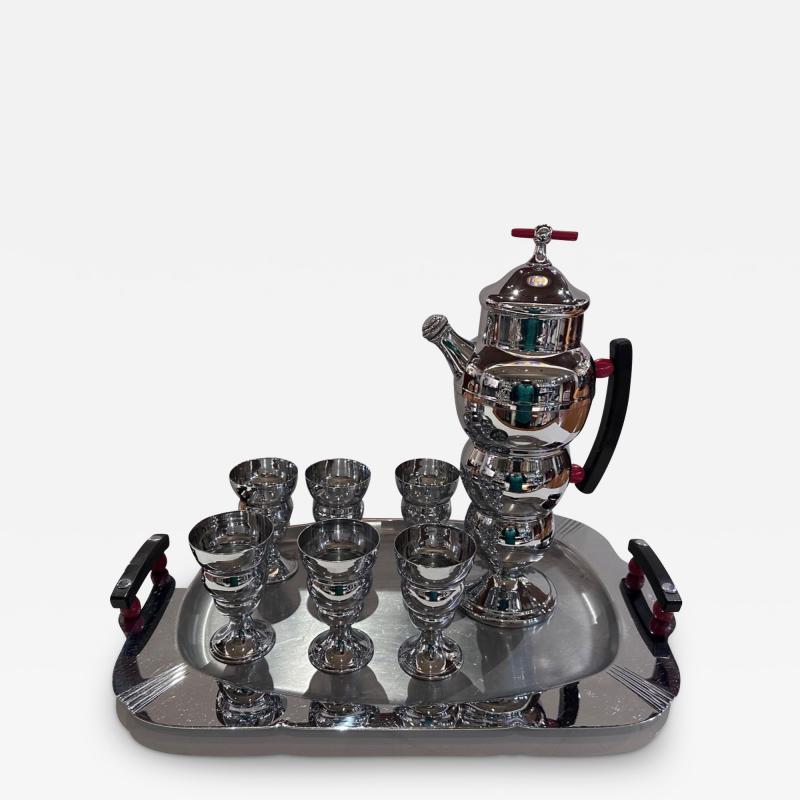 Art Deco 8 Piece Farberware Bubble Cocktail Shaker Set w Black and Red Handles