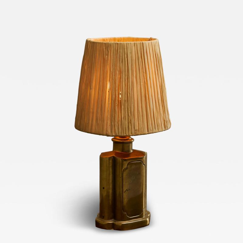 Art Deco Accent Table Lamp in Patinated Brass with Raffia Shade 1940s