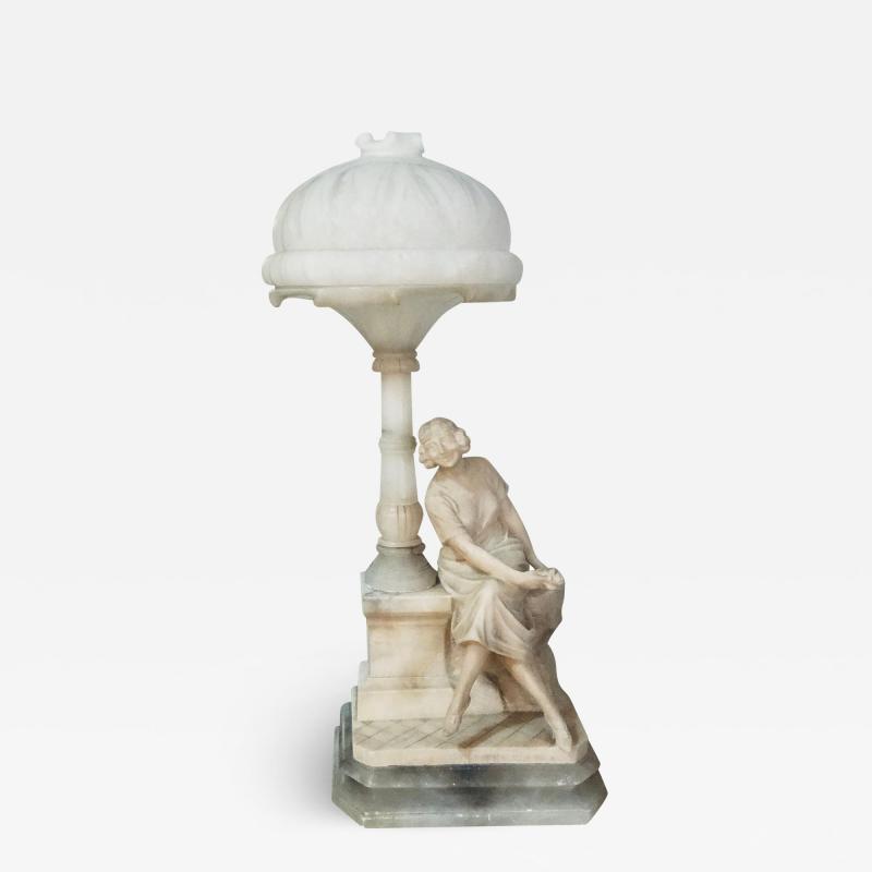 Art Deco Alabaster Domed Table Lamp Depicting a Seated Lady at a Street Lamp