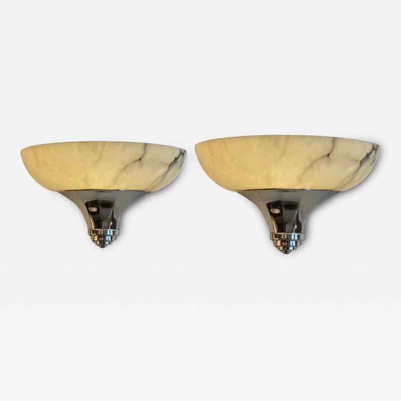 Art Deco Alabaster Sconces Nickel Details France 1950