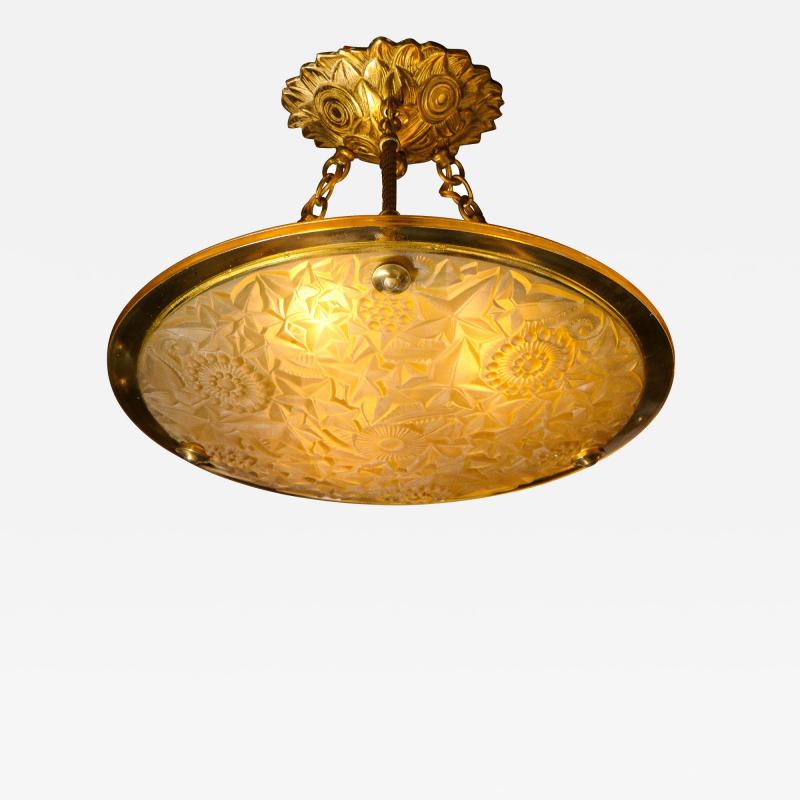 Art Deco Amber Glass Pendant w Stylized Cubist Motifs Gilded Bronze Fittings