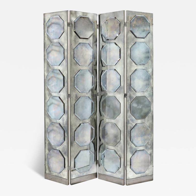 Art Deco Antiqued Octagon Paneled Motif Smoked Mirror Screen with Silvered Back