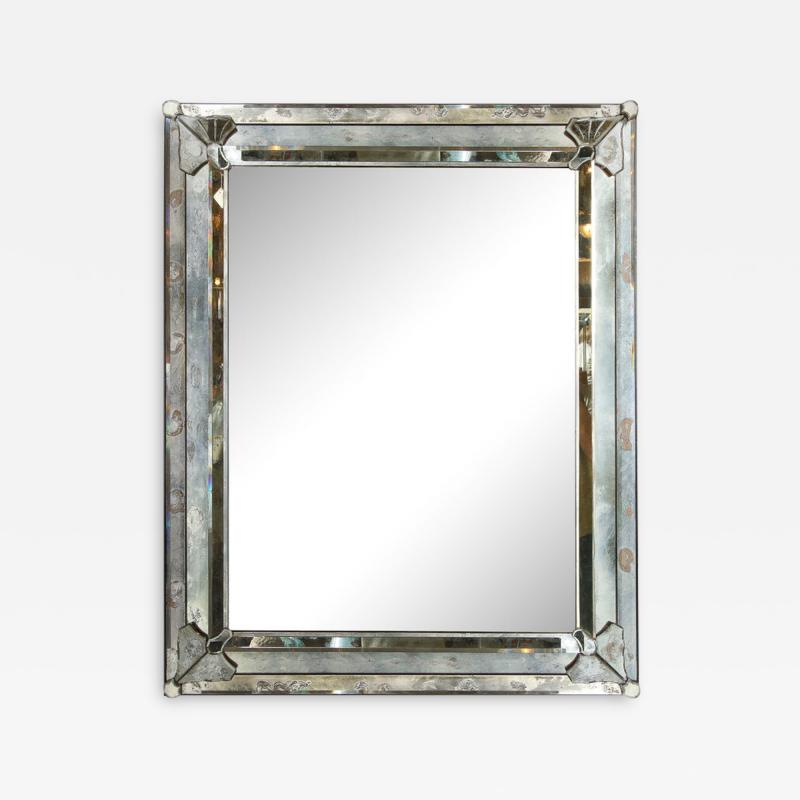 Art Deco Antiqued Rectangular Wall Mirror with Sculptural Appliques