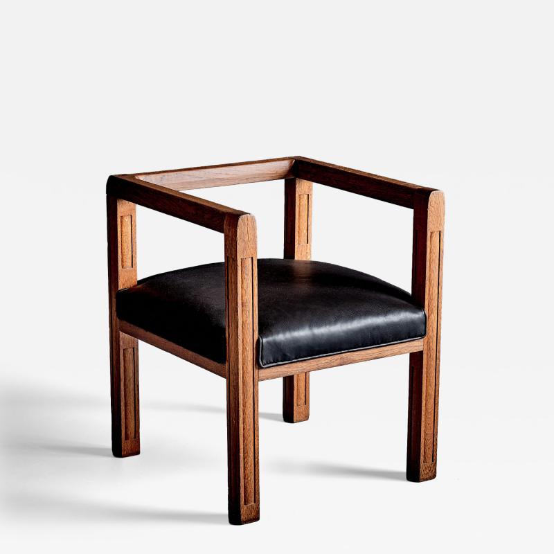 Art Deco Armchair in solid Oak with new upholstered Leather Seat