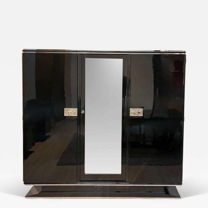 Art Deco Armoire Black Lacquer Mahogany Mirror Chrome France circa 1930