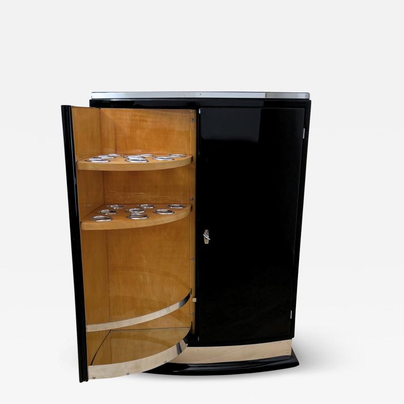 Art Deco Bar Cabinet Black Lacquer Maple Metal Trims France circa 1930