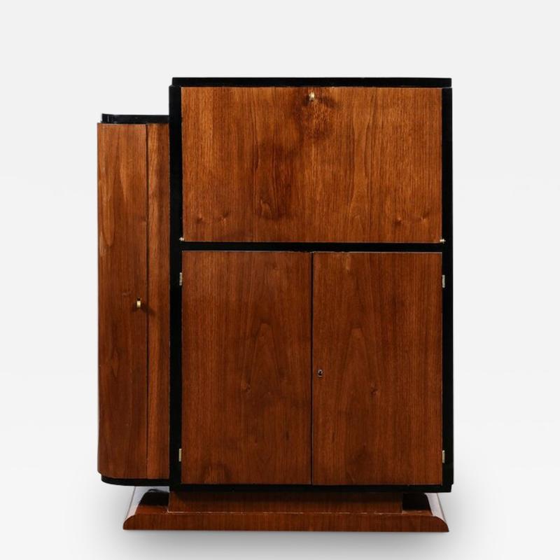 Art Deco Bar Cabinet in Book Matched Walnut with Black Lacquer Accents