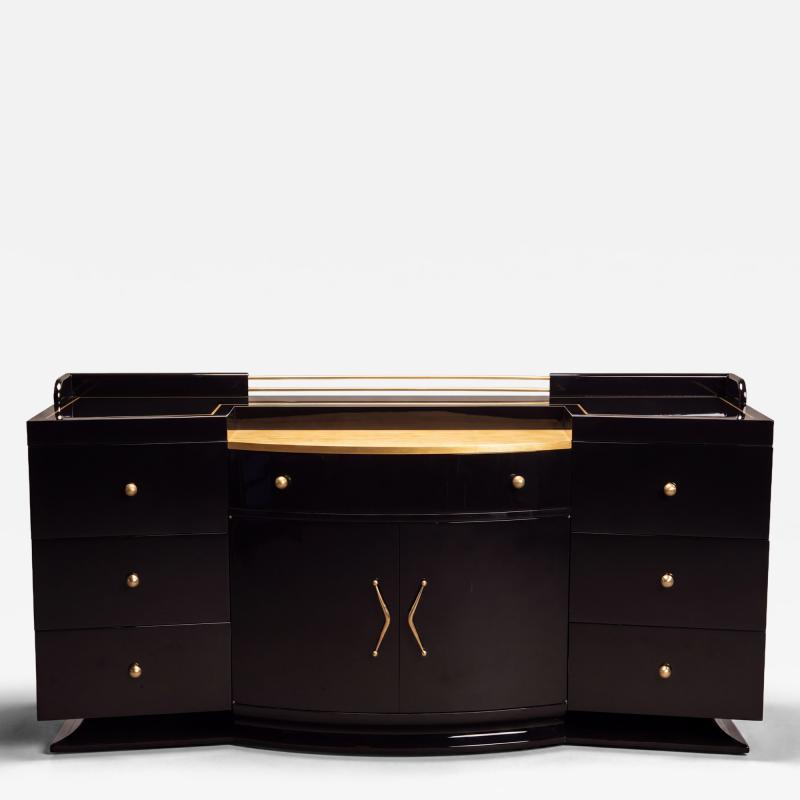 Art Deco Bar Cabinet in High Gloss Piano Black with Brass Hardware Gold Leaf