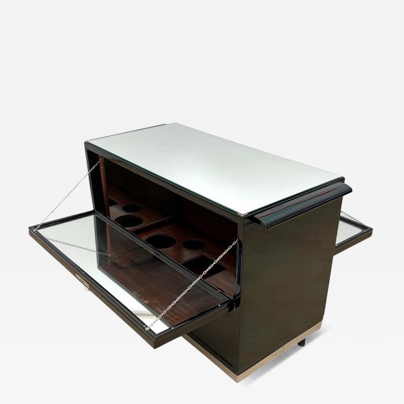 Art Deco Bar Cart Black Lacquer Mahogany Mirrors Chrome France circa 1930